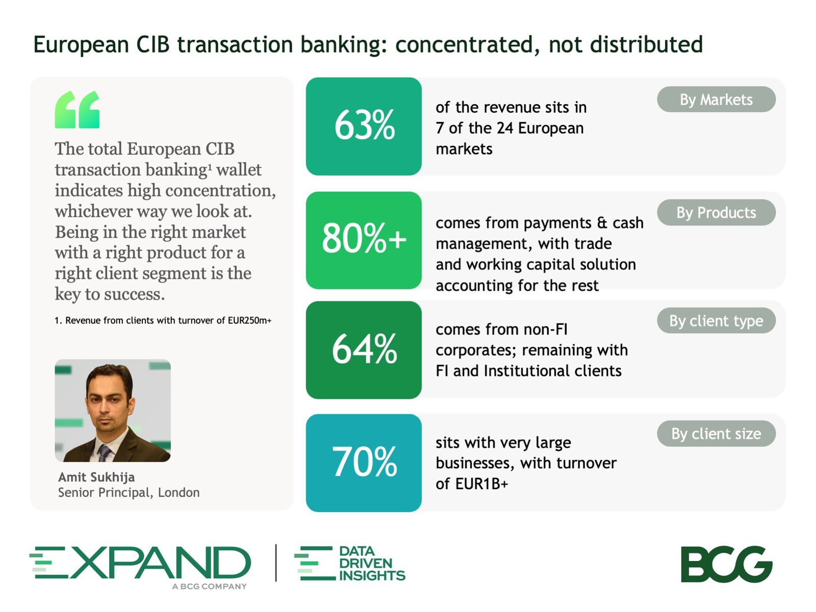 European CIB transaction banking revenue concentration across market, product, client type and client size